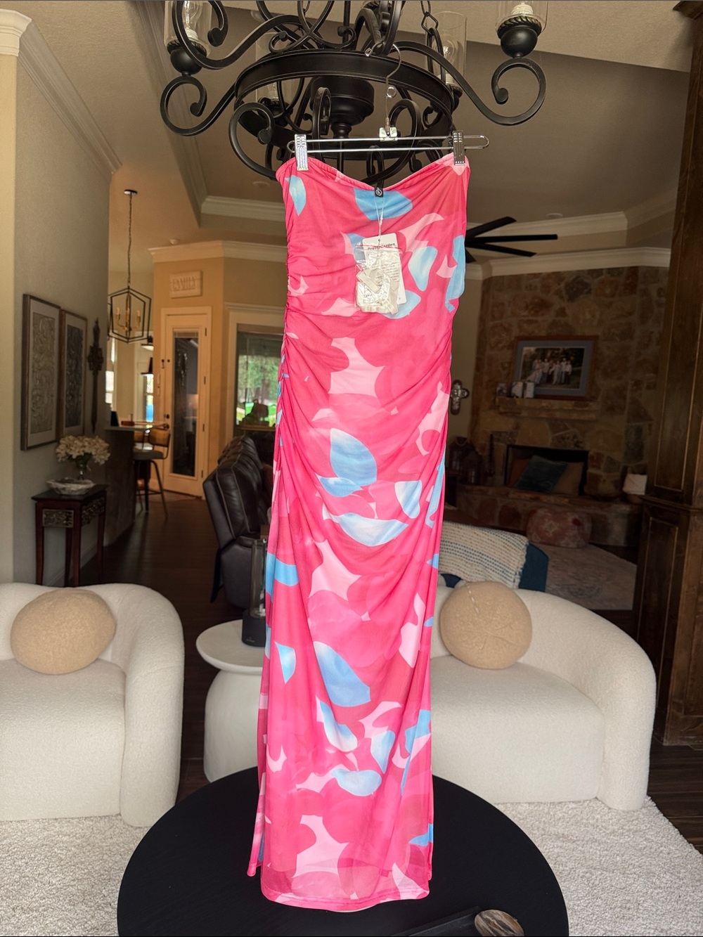 Strapless Pink Floral Maxi Dress with Blue Accents